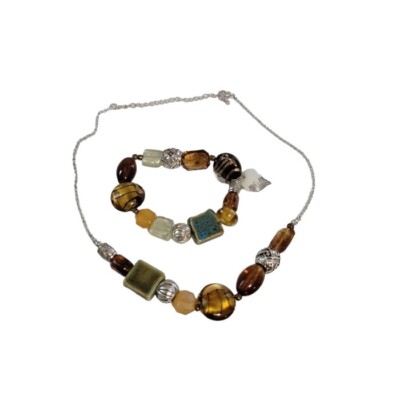 Vintage SAQ Translucent Necklace Acrylic Copper Glass Bead Stretch Bracelet Boho