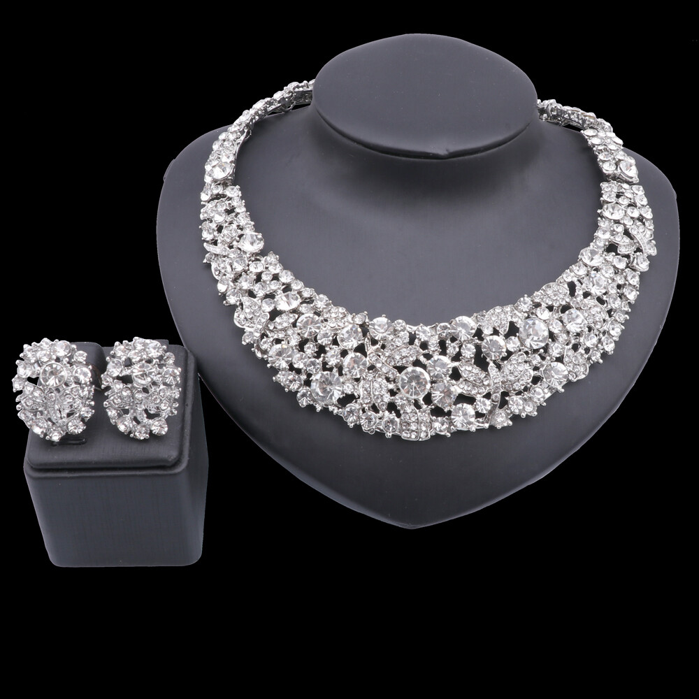 Women's Wedding Bridal Crystal Statement Necklace Earrings Costume