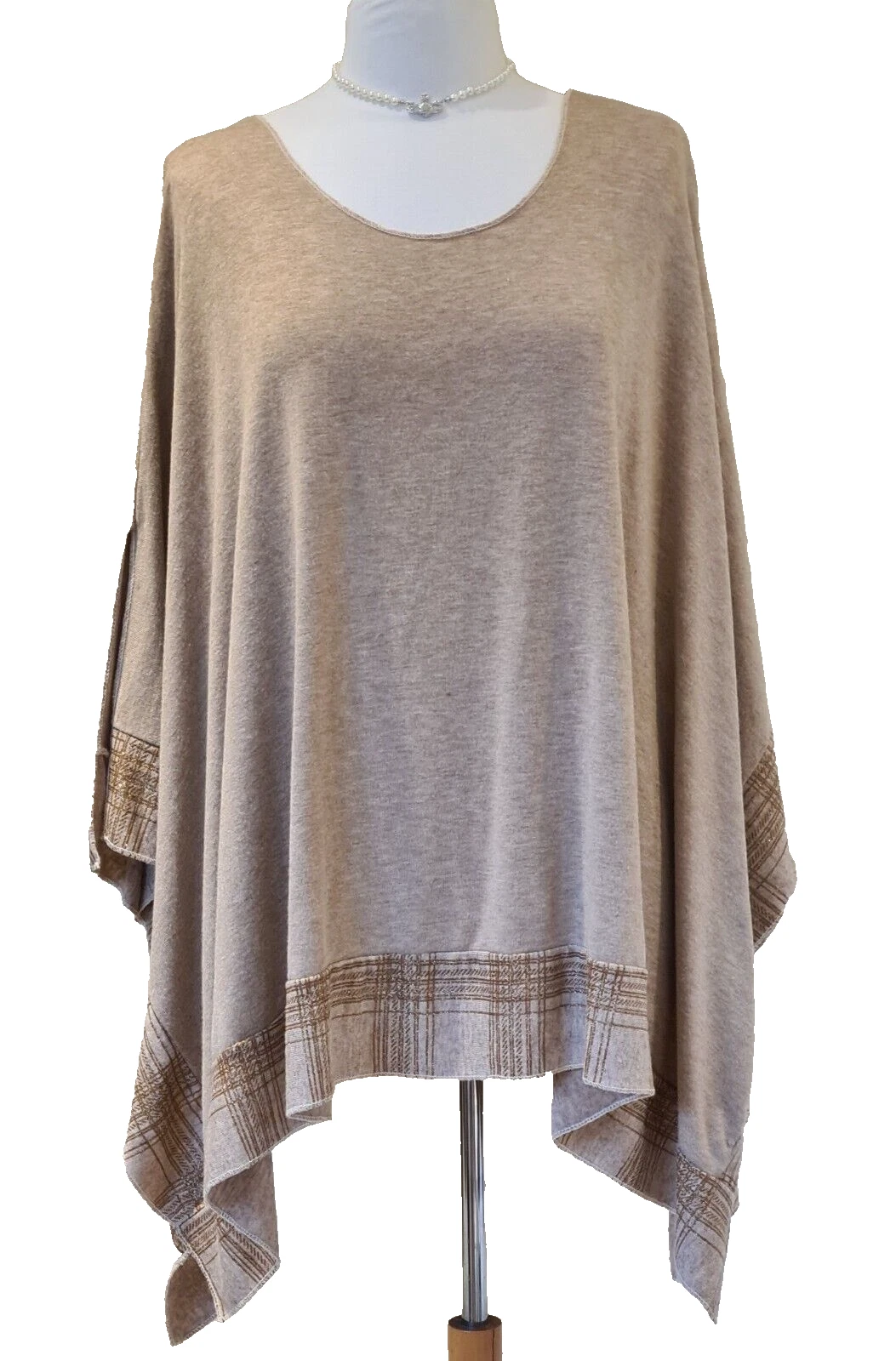 Italian Brown Knit Poncho One Size UK 8-18 Lightweight Round Neck Check Hem New