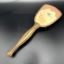 Vtg Vanity Hair Brush Floral Gold Metal Mid Century Vinyl Floral Back Metal
