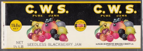 Australian Vintage  Jam Label.C.W.S Pure Jams.Sydney & New Castle.