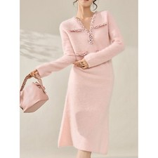 Pink Tweed Wool V-neck Knitted Dress Elegant Women's Winter Wool Warm Long Dress