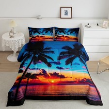 Ocean Beach Themed Bedding Set King Size,Tropical Sunset Beach with Palm Trees