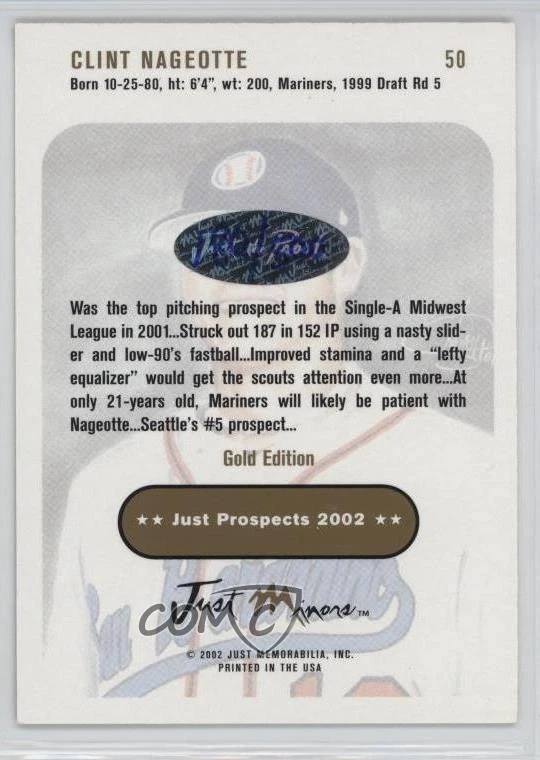2002 Just Minors Just Prospects Gold /500 Clint Nageotte #50 Rookie RC - Image 2 of 2