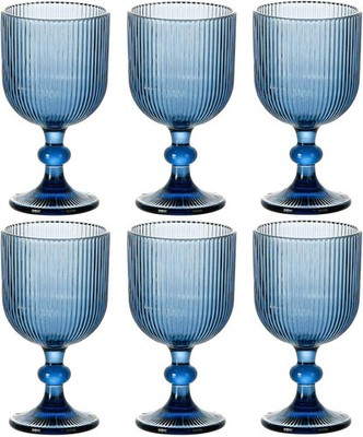 Blue Glasses Drinking Water Goblets set of 6 Big Vintage Glassware 13oz Colored