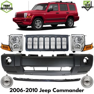 Frotn Bumper Cover Primed Plastic & Headlights Kit For 2006-2010 Jeep Commander