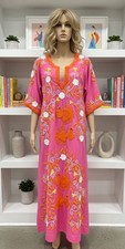 FRANCES VALENTINE PINK & ORANGE  Peacock Caftan W/ pockets Maxi Dress Size 2