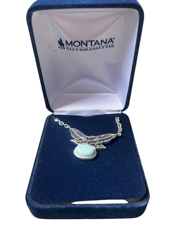Collar de plata Montana Silversmiths turquesa y plumas nuevo en caja nativo occidental Foto 2 de 4