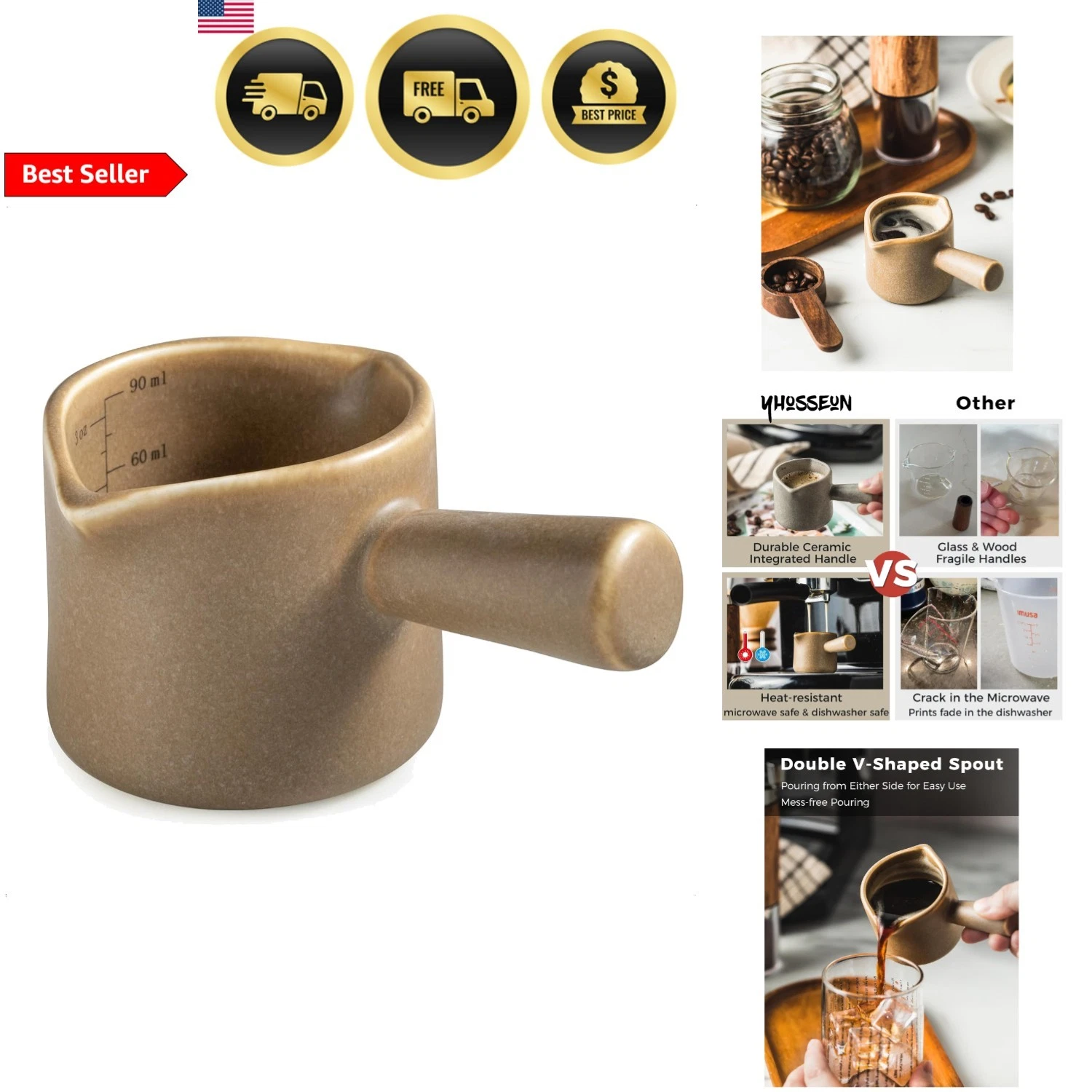 Espresso Measuring Cup Ceramic Coffee Mug with Handle 3 Oz 90 Ml Brown