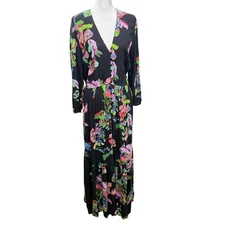 Desigual Long Maxi Dress Size S Black Button Floral V-Neck Christian Lacroix
