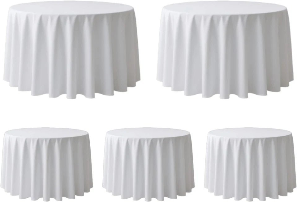 Durable 5-Pack White Round Tablecloths - 120-Inch, Ideal for Weddings & Banquets - Image 3 of 4