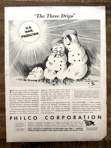 VTG 1943 Original Magazine Ad BW Philco Corp Appliances WW2 The Three Drips