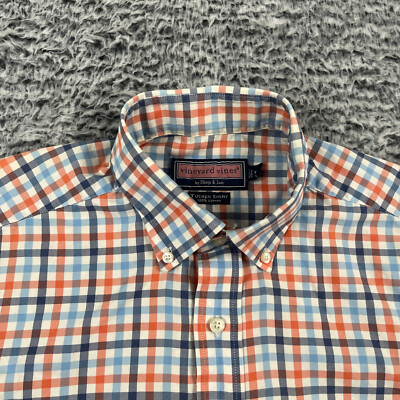 Vineyard Vines Gingham Check Tucker Shirt Mens Medium Slim Fit Blue Orange Whale
