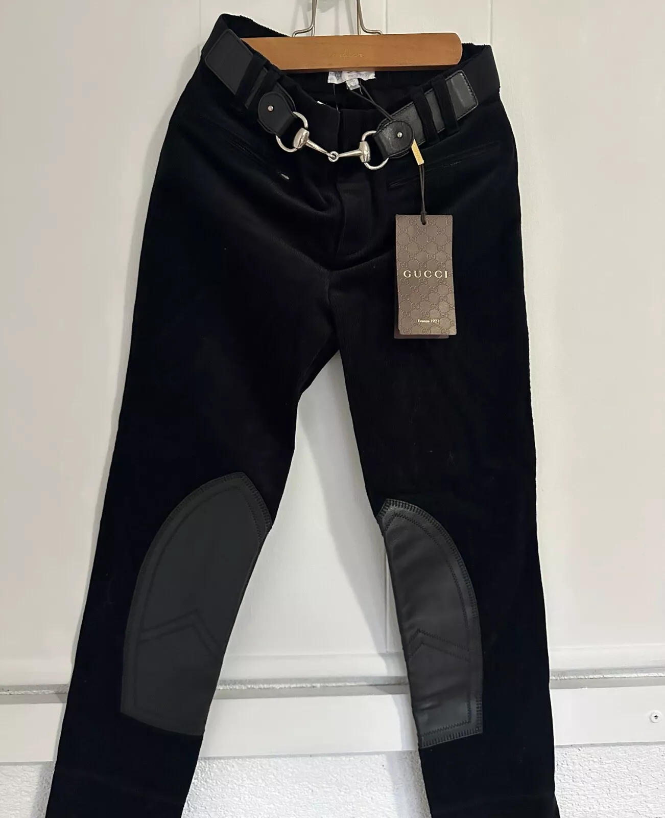 Pantalon d'équitation Gucci noir velours côtelé, détail mors de cheval IT36, XS