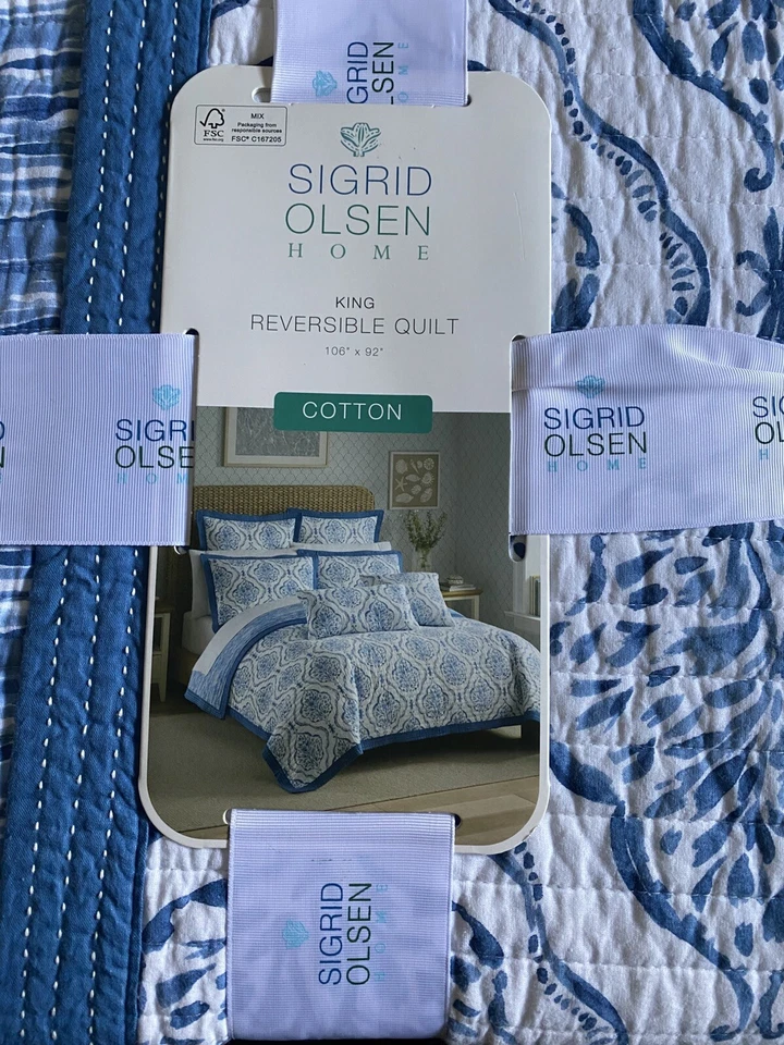 Sigrid Olsen King Size Quilt Blue White Reversible All Cotton Fresh Design NWT - Image 2 of 4
