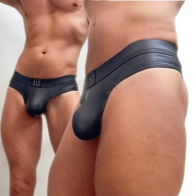 HARDYJOCK Mens Black Faux Leather Sexy Underwear Thong G string T Back Brief