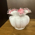 Fenton Glass Melon Dot Vase Pink White Overlay Ruffled Silver Crest Rim 5.5” VTG