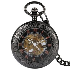 Black Skeleton Mechanical Hand Winding Pocket Watch Transparent Glass Cover Gift