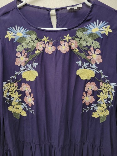 JODIFL Medium Navy Blue Embroidered Blouse Peplum Hem Elastic Slv Flowers Rayon - Picture 6 of 12
