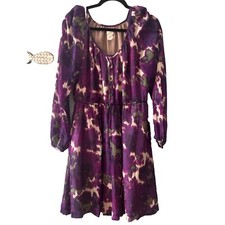 J Crew Women's Purple Floral 100% Silk Dress Size 8 Long Sleeve A-Line