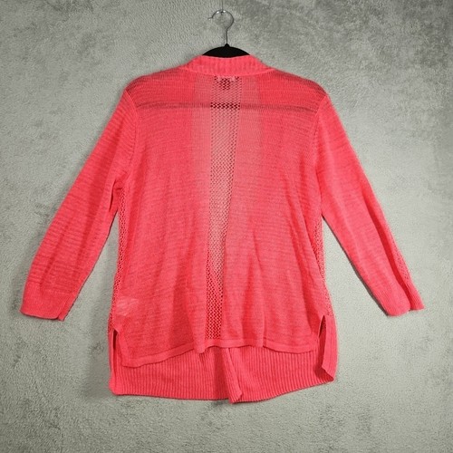 Alfani Vibrant Pink 50% Linen Cardigan Summer Sweater 3/4 Slv Open Crochet Sz S - Picture 4 of 17