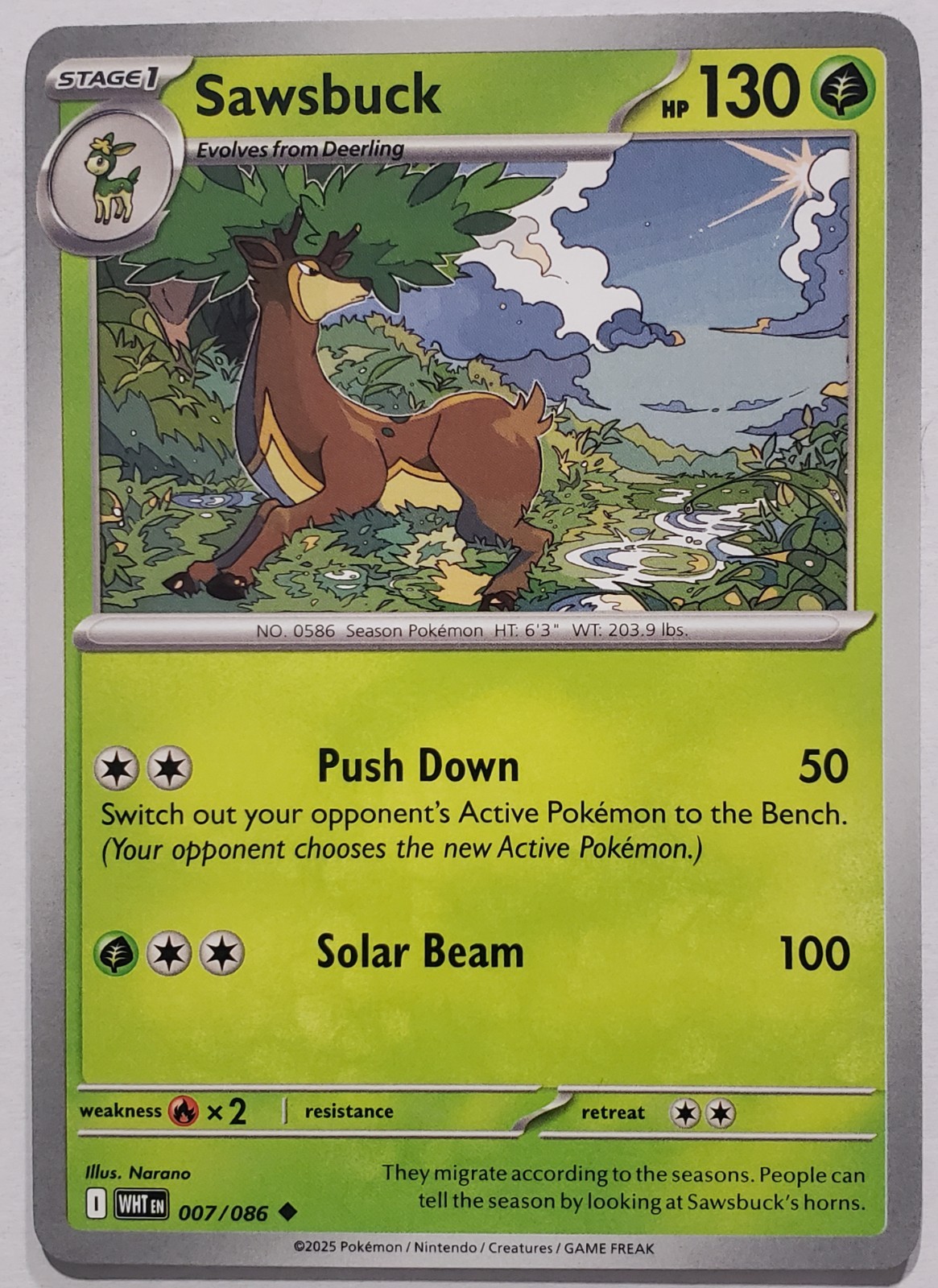 Sawsbuck 007/086 NM / M - White Flare Pokemon Card - Narano Art