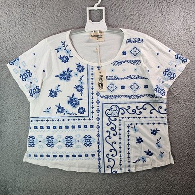 NEW Savanna Jane Top Women 3X Short Sleeve Floral Embroidered Boho Blue White