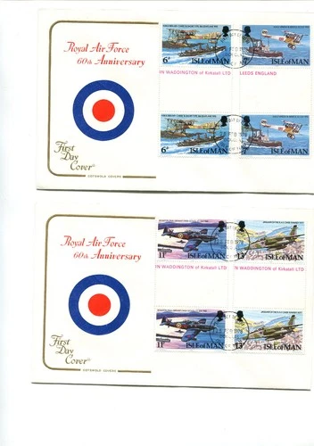 Isle of Man 1978 Royal Air Force 60th Anniv Cotswold Covers Gutter Pair FDC's