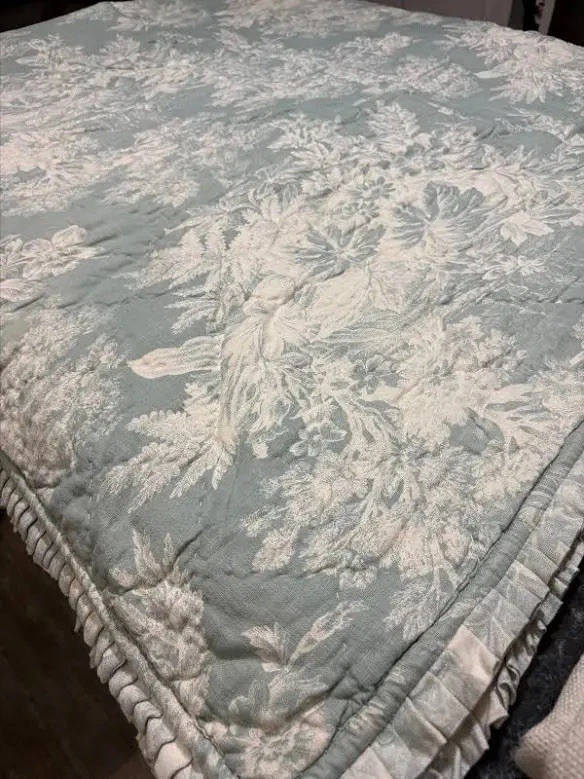 Edredón Pottery Barn Matine Toile Sprout verde lino belga talla doble Foto 3 de 4