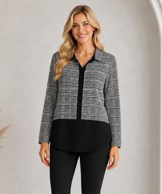 Talbots Womens Houndstooth Long Sleeve Top Size Small Petite Lightweight Preppy