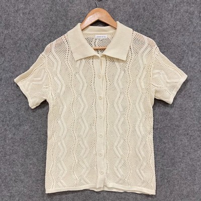 Winnie & Co Womens Shirt Size Small Beige Knit Short Sleeve Button up 17826