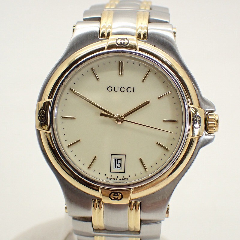 Gucci Men's Beige Dial Quartz Watch 9040M with Date Stainless Steel Gold Plated Pre-Owned-image