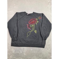 Vintage Hanes Sweatshirt Women XL Gray Floral Graphic Raglan Pullover USA Made