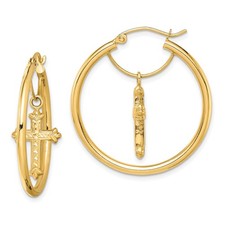 14k Yellow Gold Hoop Earrings with Crucifix Charms Jesus Cross Religious Dangle