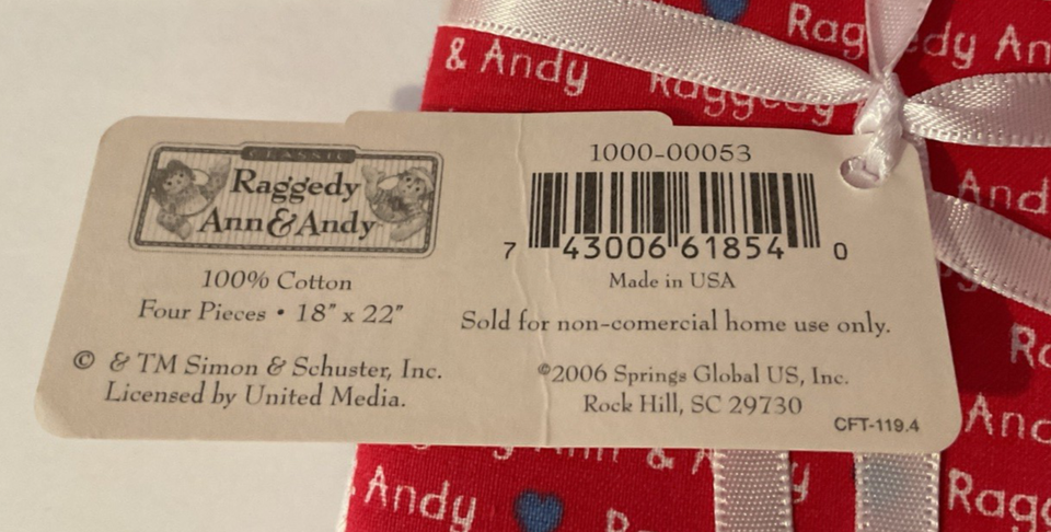 Raggedy Ann & Andy Fabric 3 FQ Pieces New w/ Tag Label By Springs | eBay
