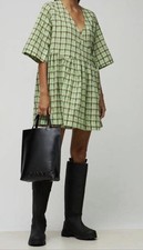 GANNI Seersucker Check Wrap Mini Dress Green Cotton Oversized Plaid Size S-M 💚