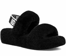 UGG Women s Black Faux Fur Slide Slippers Open Toe Logo Strap Size 7