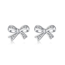 Solid 925 Sterling Silver Tiny Bow Earrings Stud for Women Teen Girls CZ Bowknot