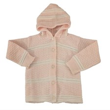 70s Vintage Blue Bird InfantPink  White Knit Hooded Hand Knit Cardigan Sweater