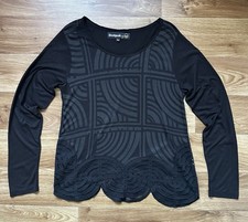 Desigual by Christian Lacroix Black Mesh Flocked Geometric Top Blouse Size XXL