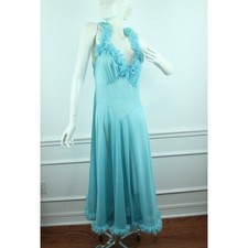 Vintage 60s Long Nightgown Blue Ruffle Coquette Size 38 Glam Babydoll Elegant