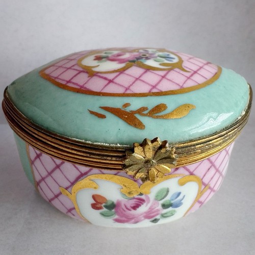 Vintage J Dumont Limoges France Porcelain Trinket Box Pink Floral Gilt