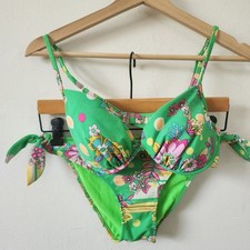 Vintage Y2K Preppy California Waves Green Aloha Bikini Size Small Padded