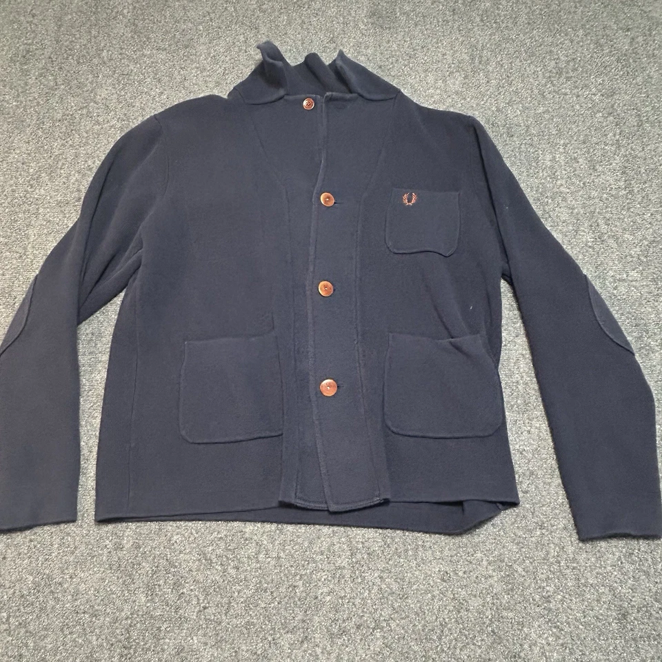 Fred Perry Panelled Elbow Cardigan With Pockets Size Large Navy Grandpacore - Image 2 of 4