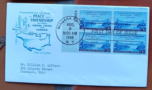 CANADA & USA  COOPERATION WHIRPOOL BRIDGE PEACE 1948 FDC FARNAM CACH PLATE#BLOCK