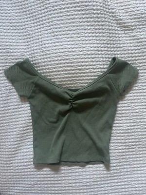 American Eagle Green Ribbed Twist Front Cropped Knit Tee Scoop Neck Stretch S