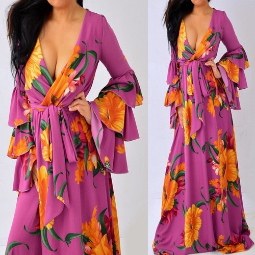 FRIDA LOS ANGELES lila gelb grün Blumen Rüschen langes Maxikleid S Small NEU