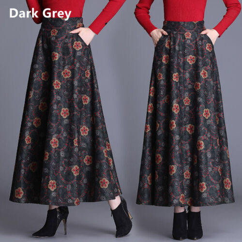 Lady Faux Wool Retro Skirt Check Tartan A-line Floral Pleated Elastic Waist - Picture 15 of 18