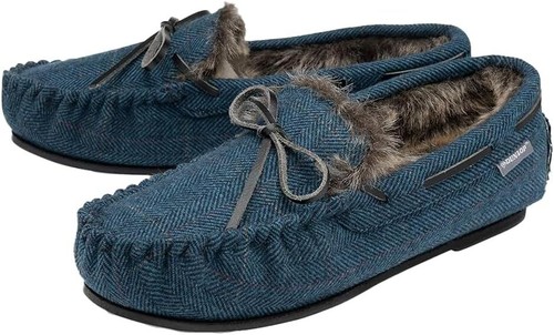 Dunlop Mens Moccasins Slippers Loafers Faux Fur Rubber Sole Memory Foam - Picture 35 of 41