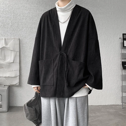 Men Corduroy Kimono Jacket Cardigan Japanese Coat Retro Outwear Loose Casual - Picture 11 of 20